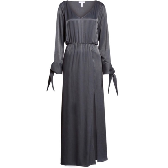 Leith Split Long Sleeve Tie Cuff Gray V-Neck High Slit Maxi Dress Gown EUC Sz S - Picture 1 of 9